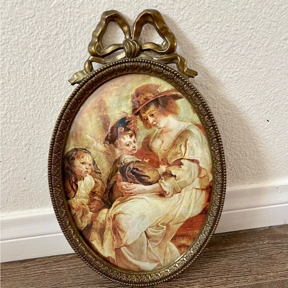 Vintage Oval Framed Art with Bow Accent